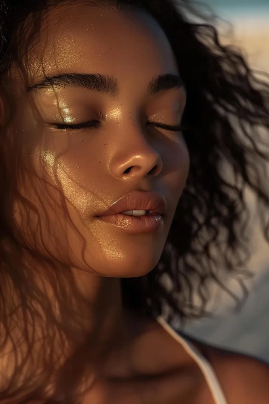 Close-up portrait with glowing skin in warm light